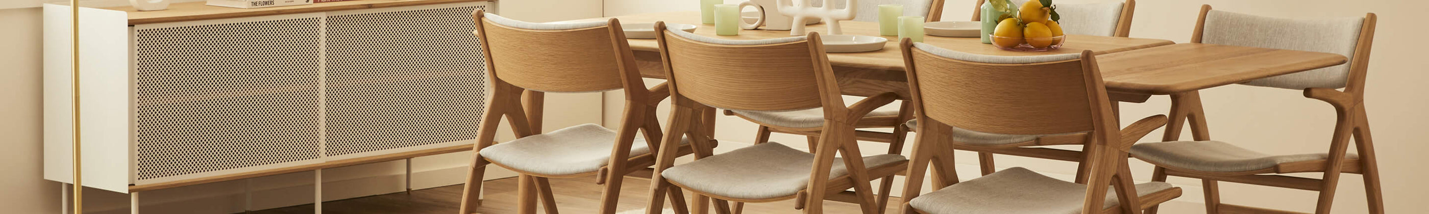 Shop the Life Interiors dining chair collection, Lake Oak Dining Chairs, Ethnicraft Bok Dining Table & Oak Sideboard.
