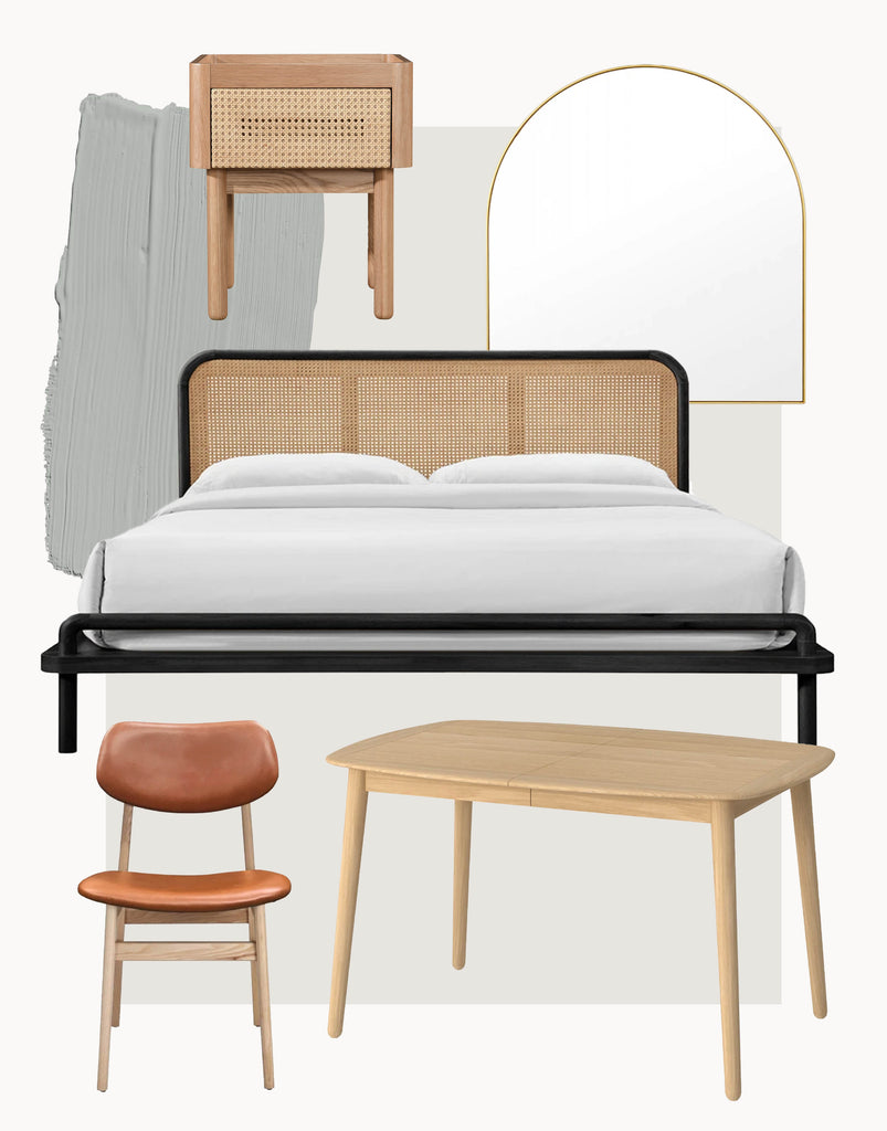 Shop The Norah Rattan Bed & Bedside, Koto Dining Table, Ari Dining Chairs & Bjorn Arch Mirror In Sideboard in Sydney, Melbourne & Online.