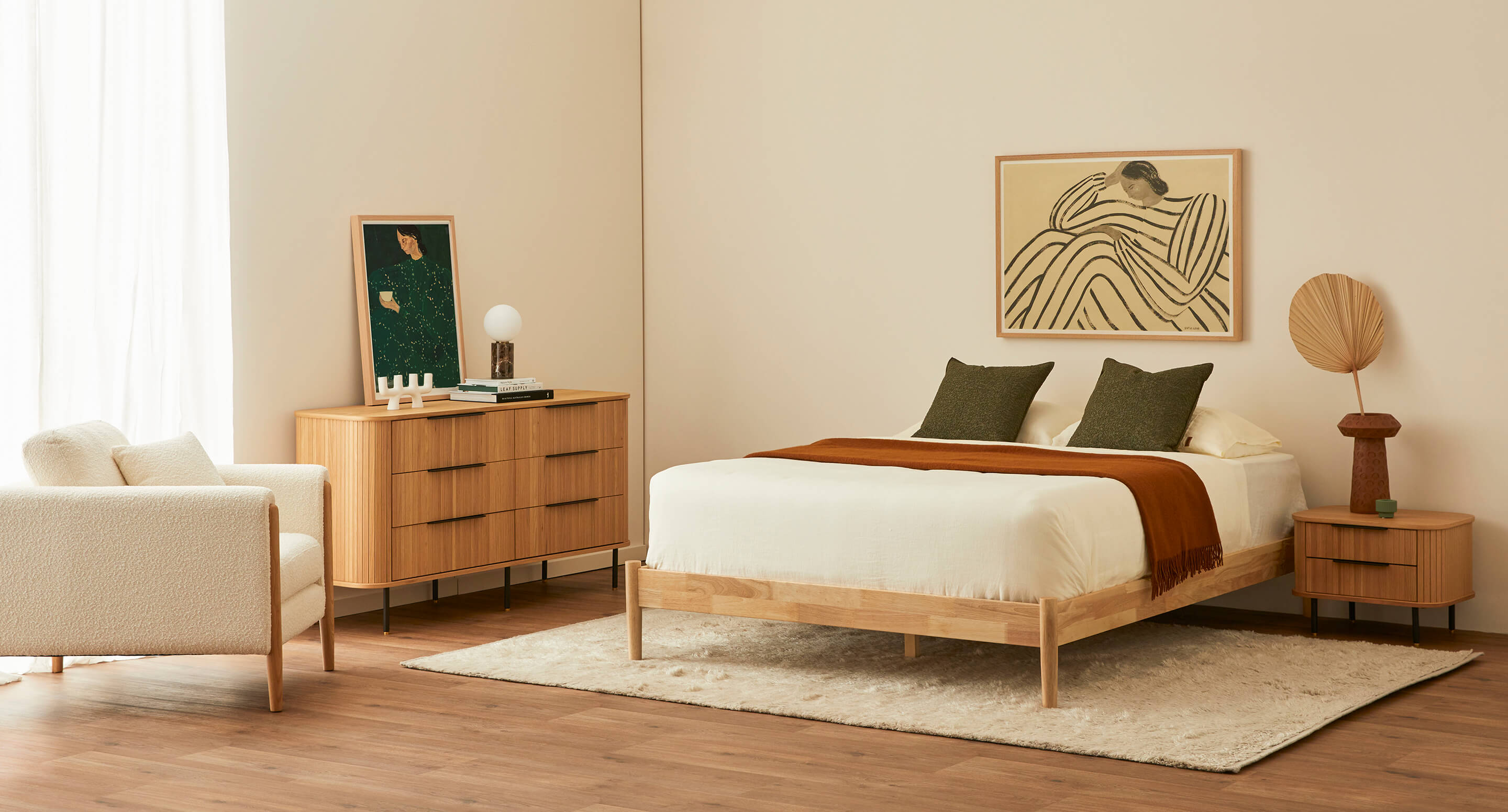 Introducing the Rio styled space as part of our Abode AW22 collection, full of neutral tones, oak slatted furniture, and dreamy decor in this bedroom space. Shop the collection online or in-store now!