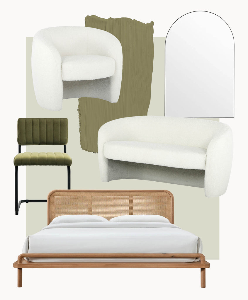 Shop The Monet Armchair, Blake Dining Chairs, Bjorn Arch Mirror & Norah Rattan King Bed in Sydney, Melbourne & Online.