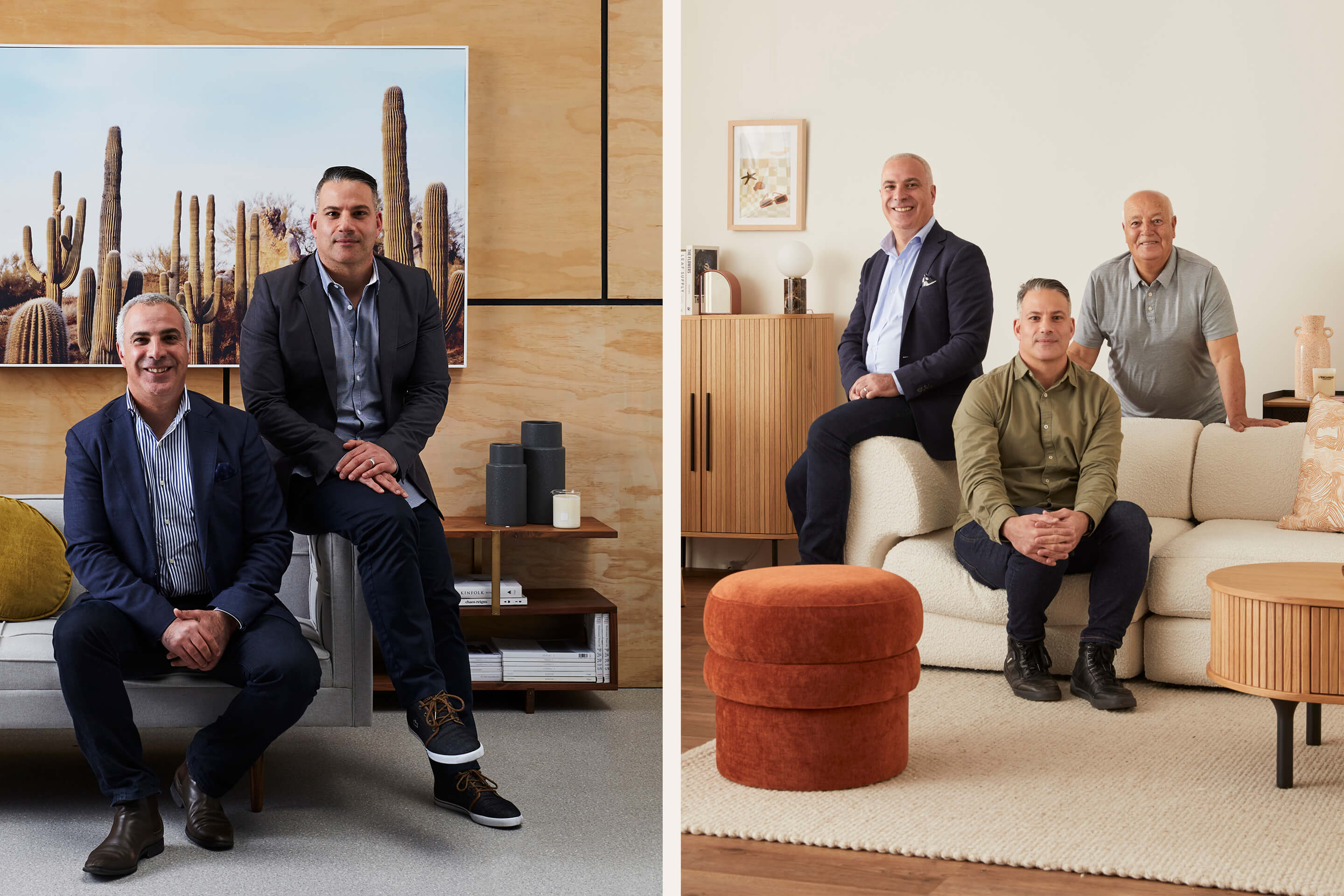 Then and now, Basil and Geoff in our Alexandria showroom in 2017, Basil, Geoff and Hanna 2022.