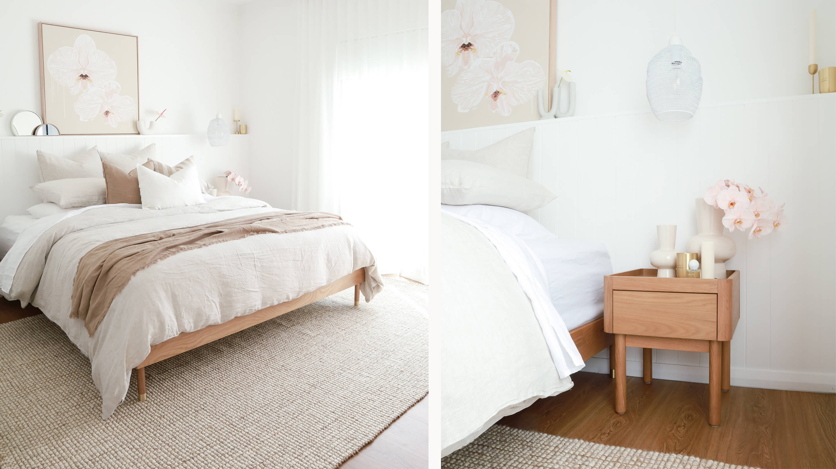 In Master Bedroom Makeover with Vande Home, Kim shows us how to transform a bedroom space with a few oak pieces and some stunning homewares, including our Marlo Bed Frame, Norah Bedsides & a mirror from Middle of Nowhere. 